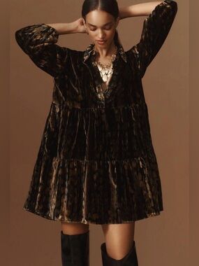 Anthropologie Mauve Velvet Edition Babydoll Mini Dress Brown Women’s Size Small